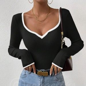 Black Rib Knit Sweetheart Contrast White Trim Long Sleeve Fitted Sweater Top